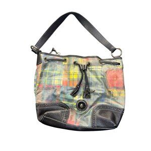 Dooney & Bourke Plaid Lady Bug Shoulder Bag Pebbled Leather Brown Trim Vintage